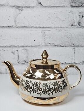 Vintage Gold Floral Teapot Ceramic Tea Pot with Lid Serving Piece